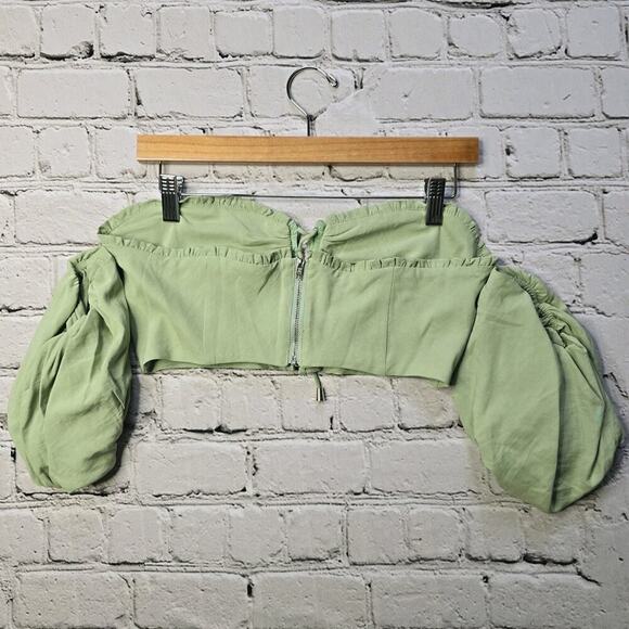 Herencia Collection Green Bustier Crop Top Puff Sleeve Embroidered Detail Size M - Picture 6 of 10
